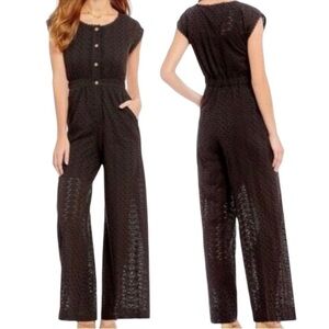 NWT A Loves A Black Eyelet Button‎ Down Wide Leg Jumpsuit SIZE LARGE